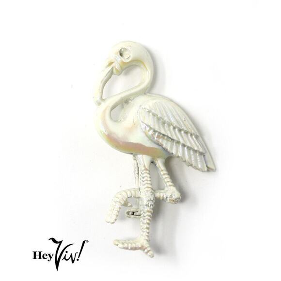 Vintage Flamingo Pin Iridescent White Enamel w Detailed Look 2" tall - Hey Viv - Picture 1 of 3